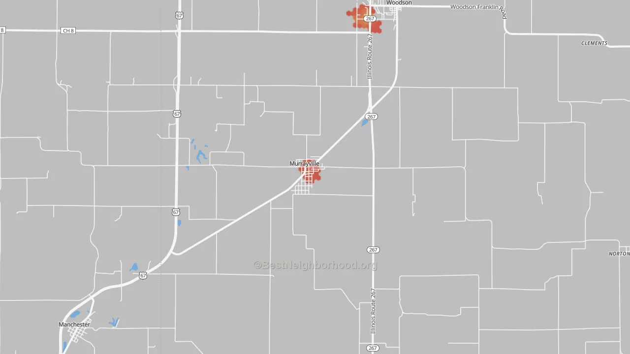Walk Grade map of 62668, IL, walkable areas in green and car-dependent areas in red