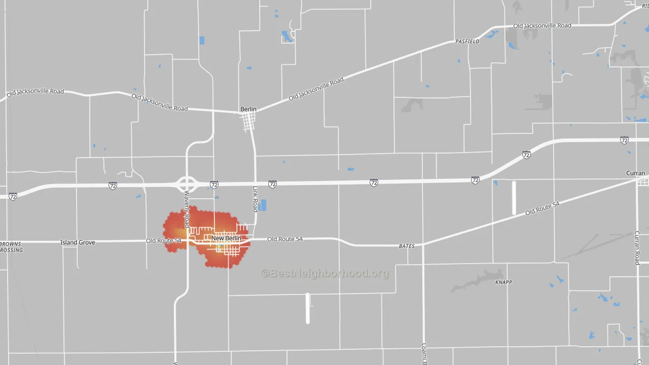 Walk Grade map of 62670, IL, walkable areas in green and car-dependent areas in red