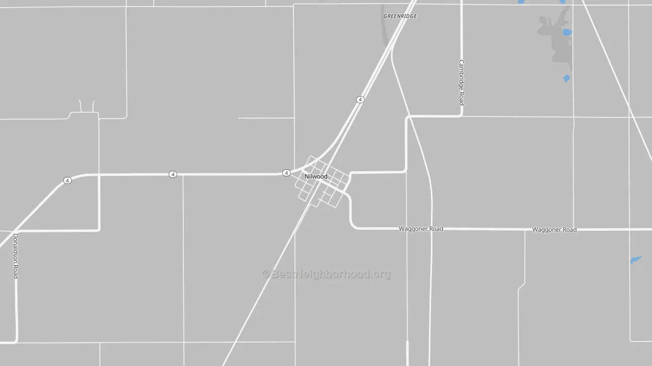 Walk Grade map of 62672, IL, walkable areas in green and car-dependent areas in red