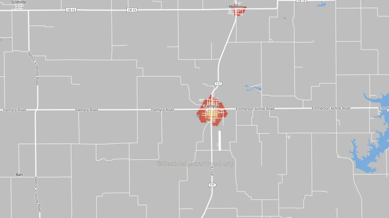 Walk Grade map of 62674, IL, walkable areas in green and car-dependent areas in red