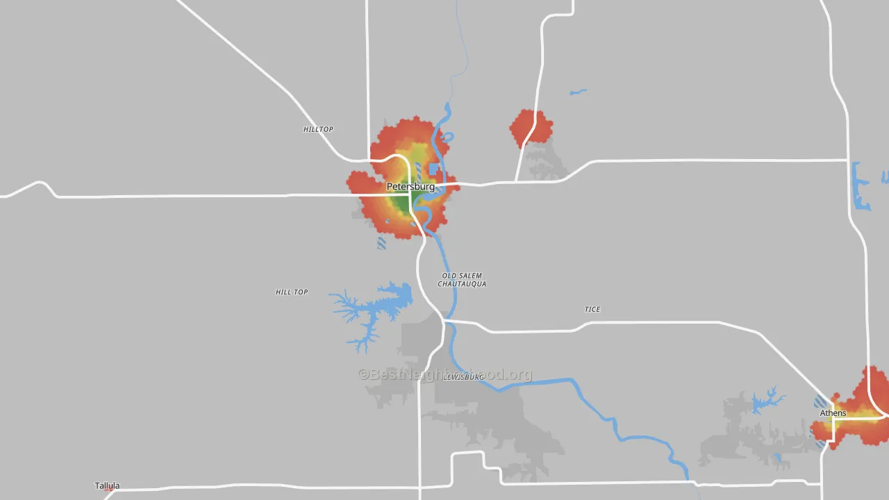 Walk Grade map of 62675, IL, walkable areas in green and car-dependent areas in red