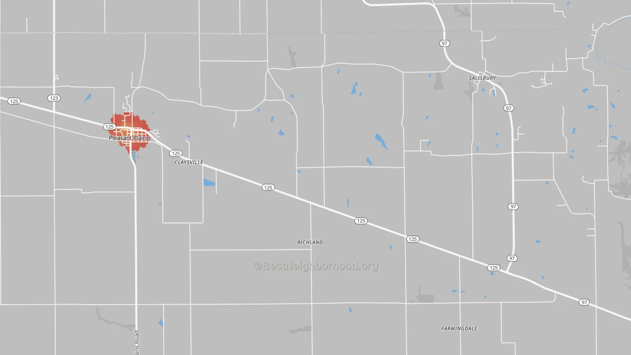 Walk Grade map of 62677, IL, walkable areas in green and car-dependent areas in red