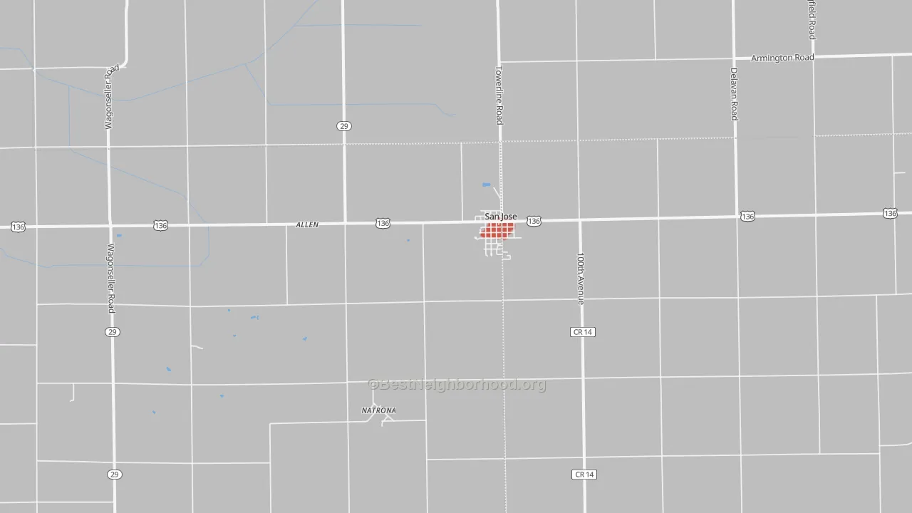Walk Grade map of 62682, IL, walkable areas in green and car-dependent areas in red