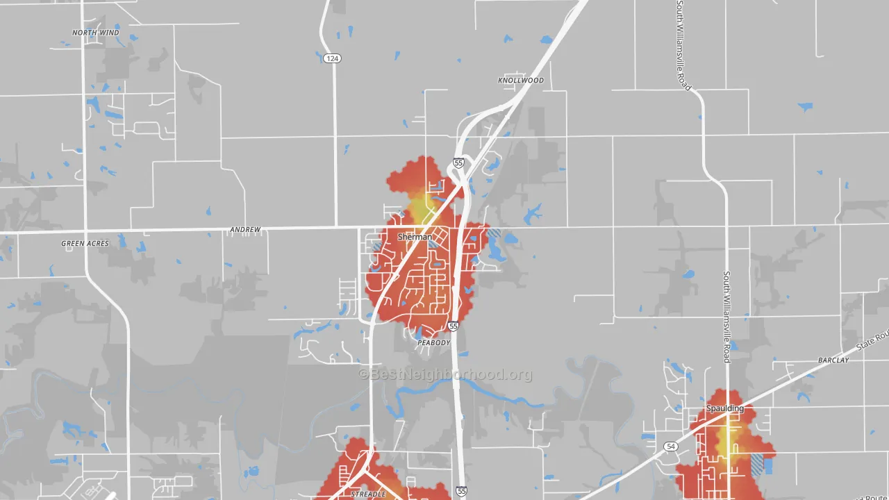 Walk Grade map of 62684, IL, walkable areas in green and car-dependent areas in red