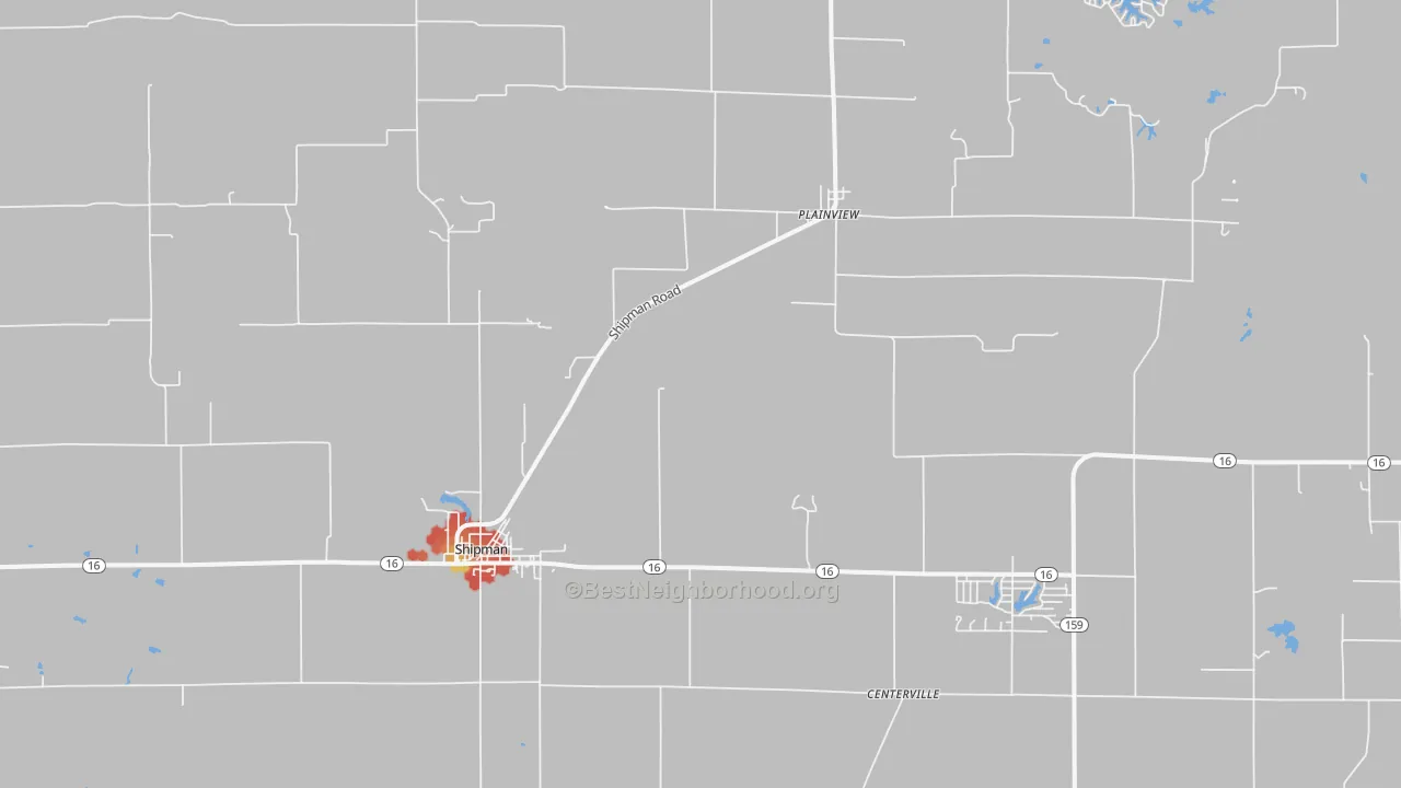 Walk Grade map of 62685, IL, walkable areas in green and car-dependent areas in red