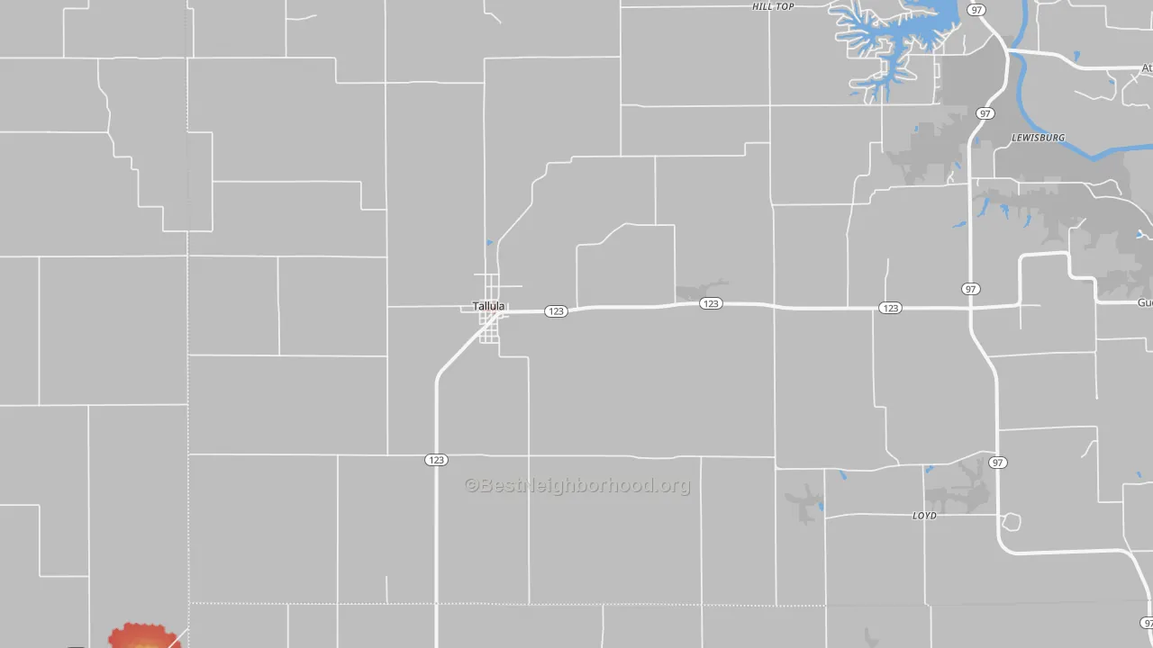 Walk Grade map of 62688, IL, walkable areas in green and car-dependent areas in red