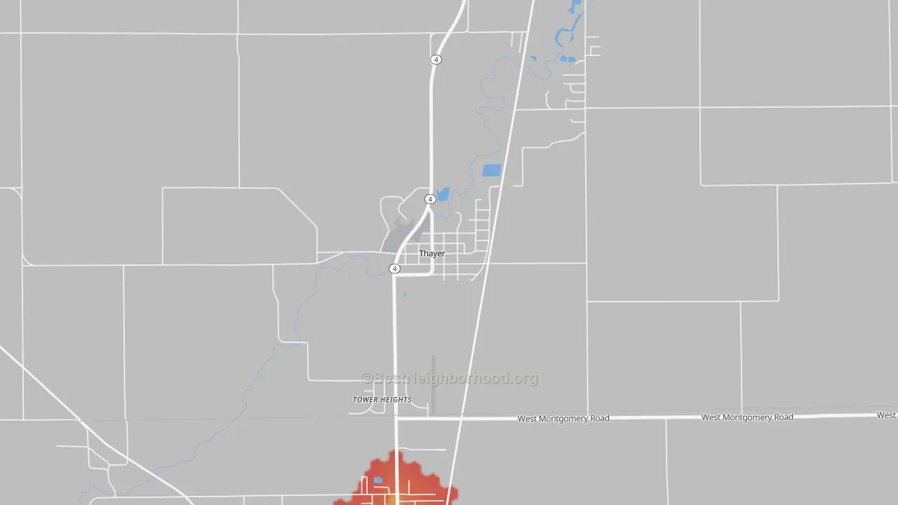Walk Grade map of 62689, IL, walkable areas in green and car-dependent areas in red