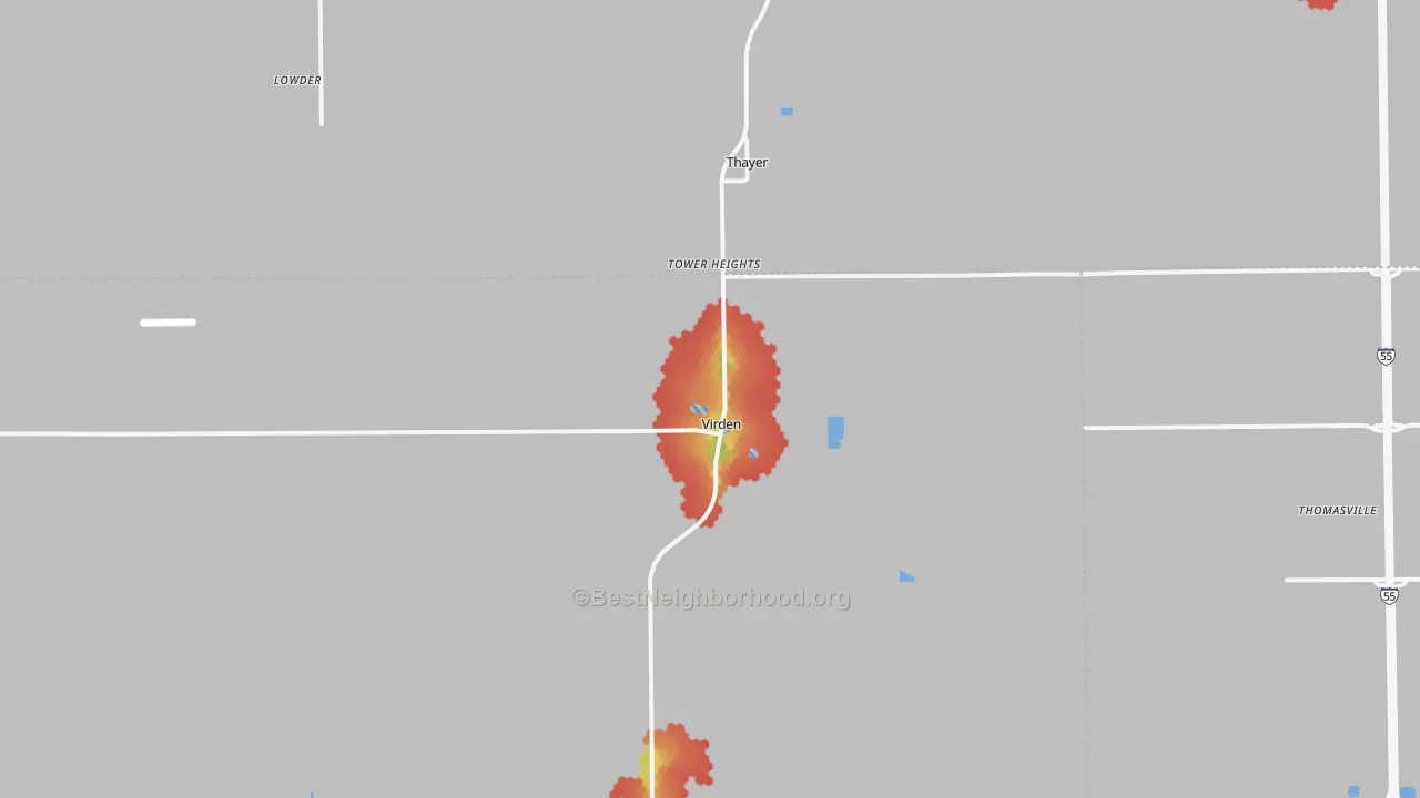 Walk Grade map of 62690, IL, walkable areas in green and car-dependent areas in red