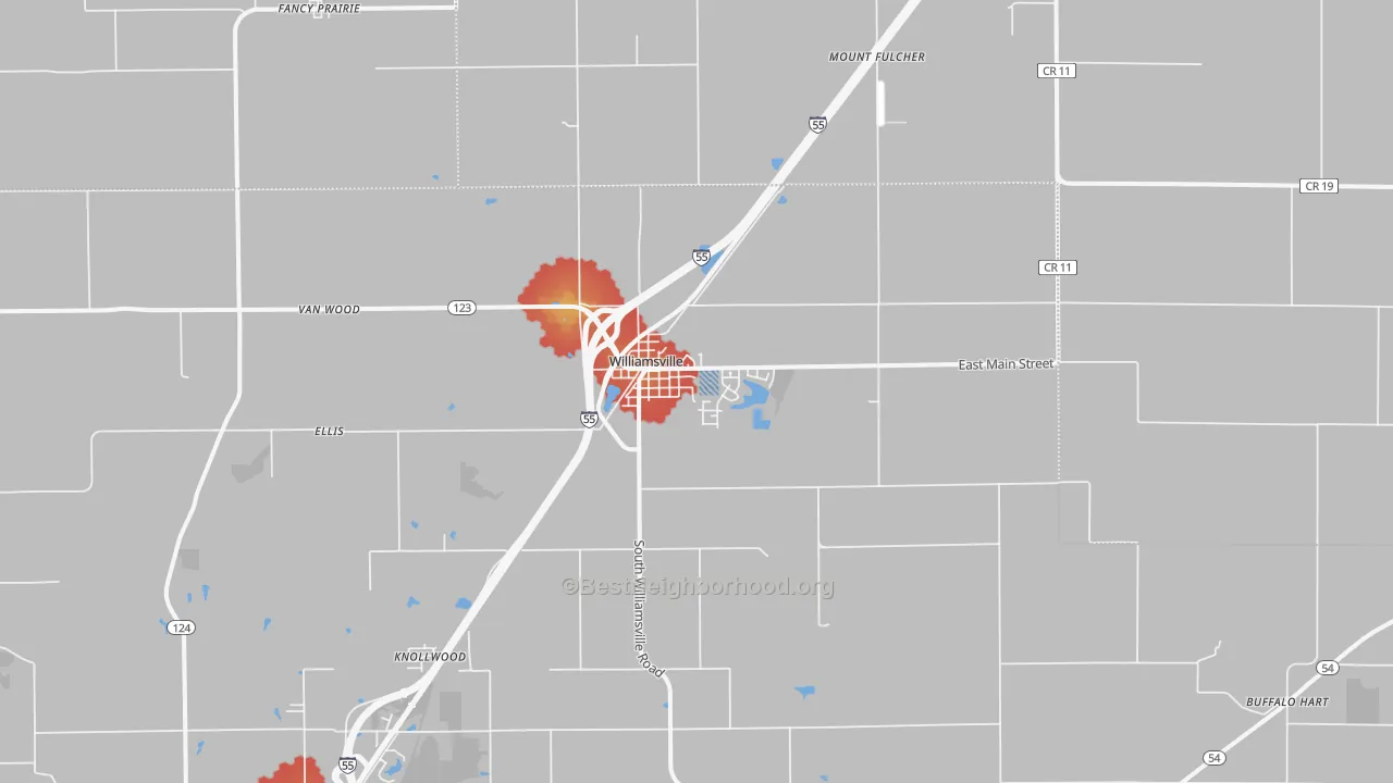 Walk Grade map of 62693, IL, walkable areas in green and car-dependent areas in red
