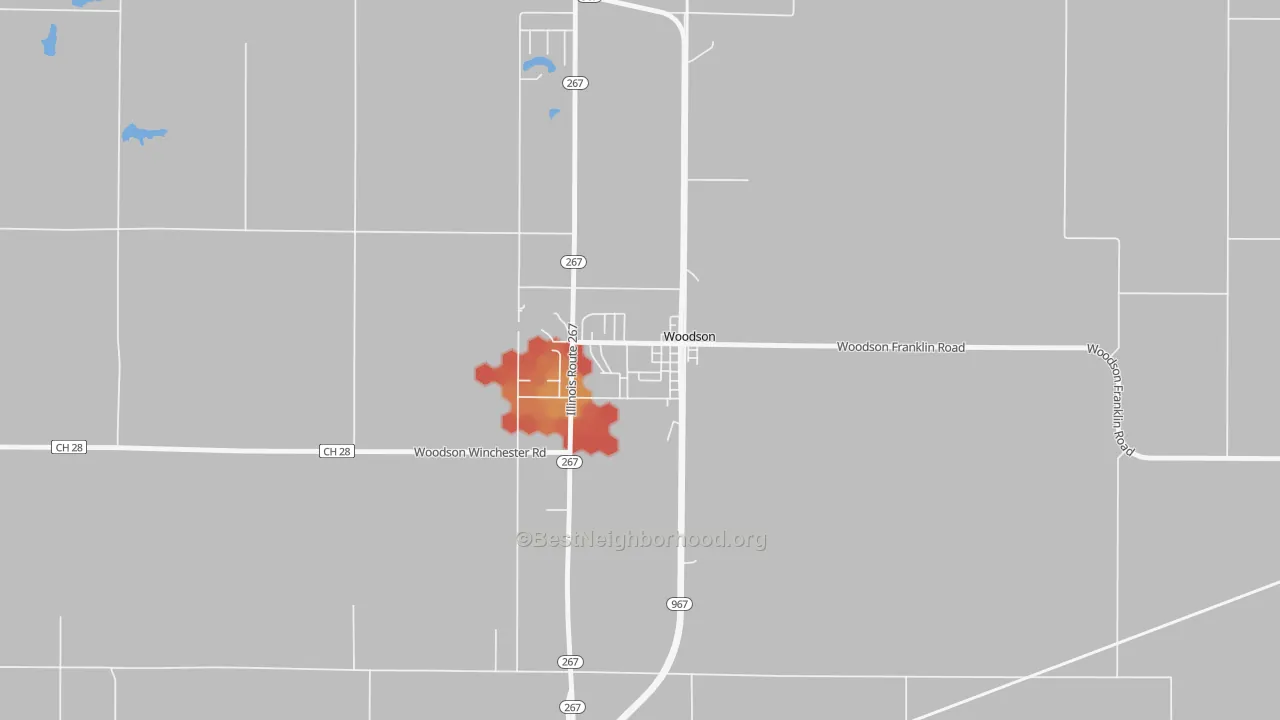 Walk Grade map of 62695, IL, walkable areas in green and car-dependent areas in red
