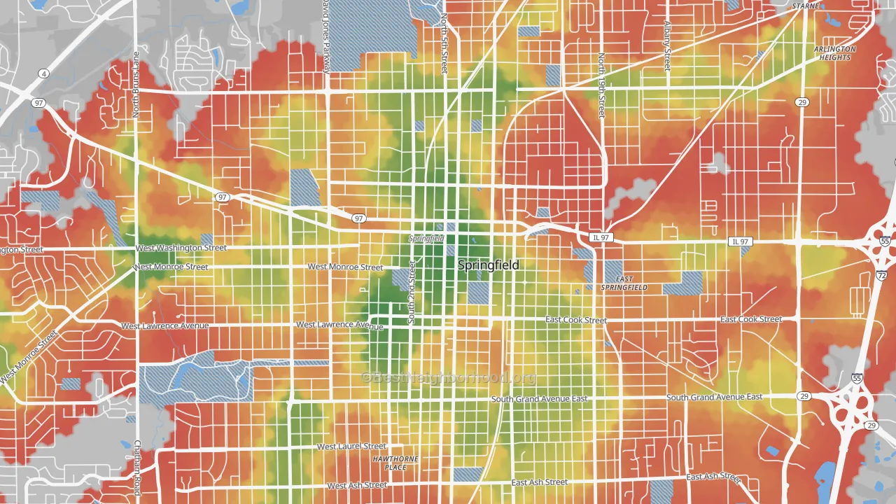 Walk Grade map of 62701, IL, walkable areas in green and car-dependent areas in red