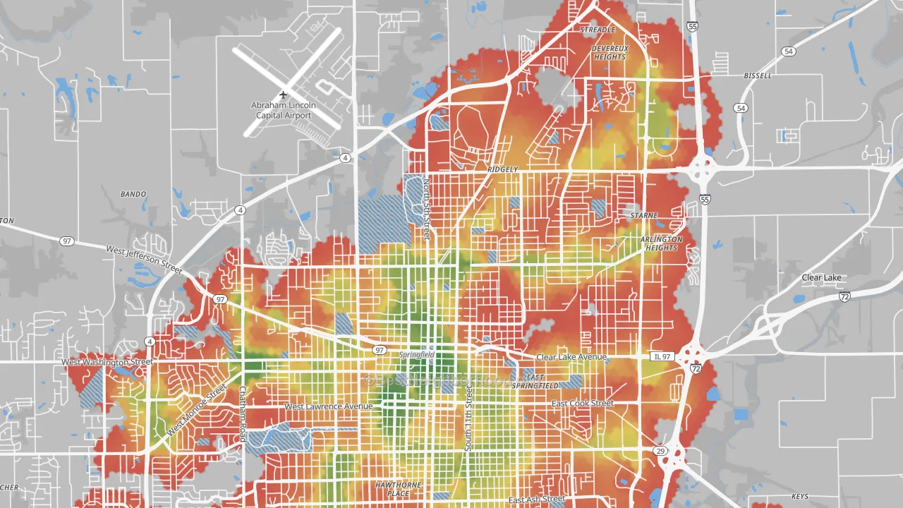Walk Grade map of 62702, IL, walkable areas in green and car-dependent areas in red