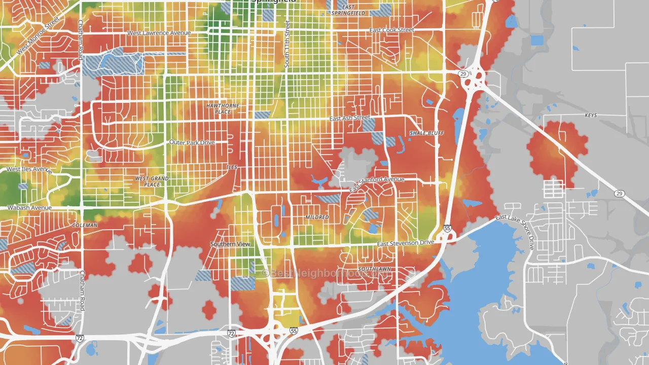 Walk Grade map of 62703, IL, walkable areas in green and car-dependent areas in red