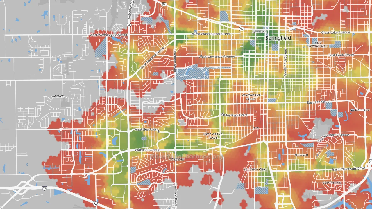 Walk Grade map of 62704, IL, walkable areas in green and car-dependent areas in red