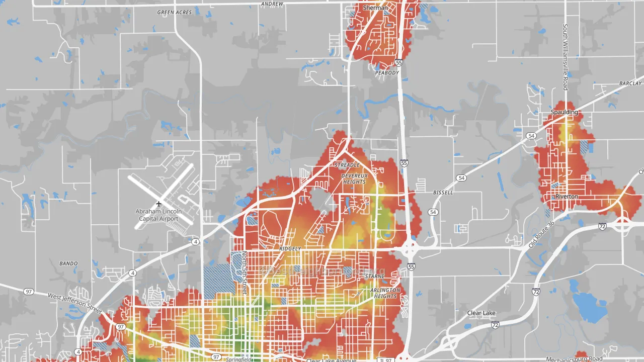 Walk Grade map of 62707, IL, walkable areas in green and car-dependent areas in red