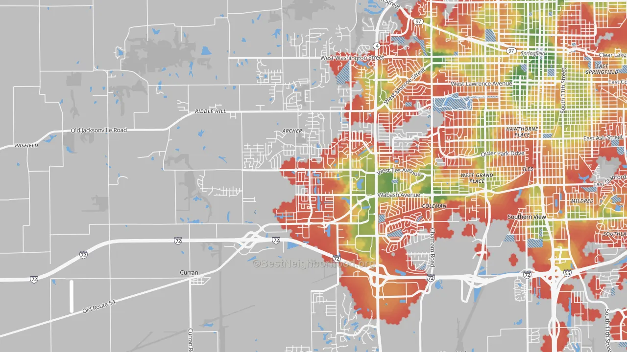 Walk Grade map of 62711, IL, walkable areas in green and car-dependent areas in red