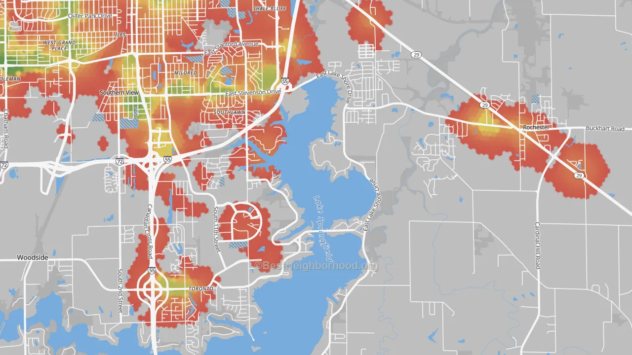 Walk Grade map of 62712, IL, walkable areas in green and car-dependent areas in red