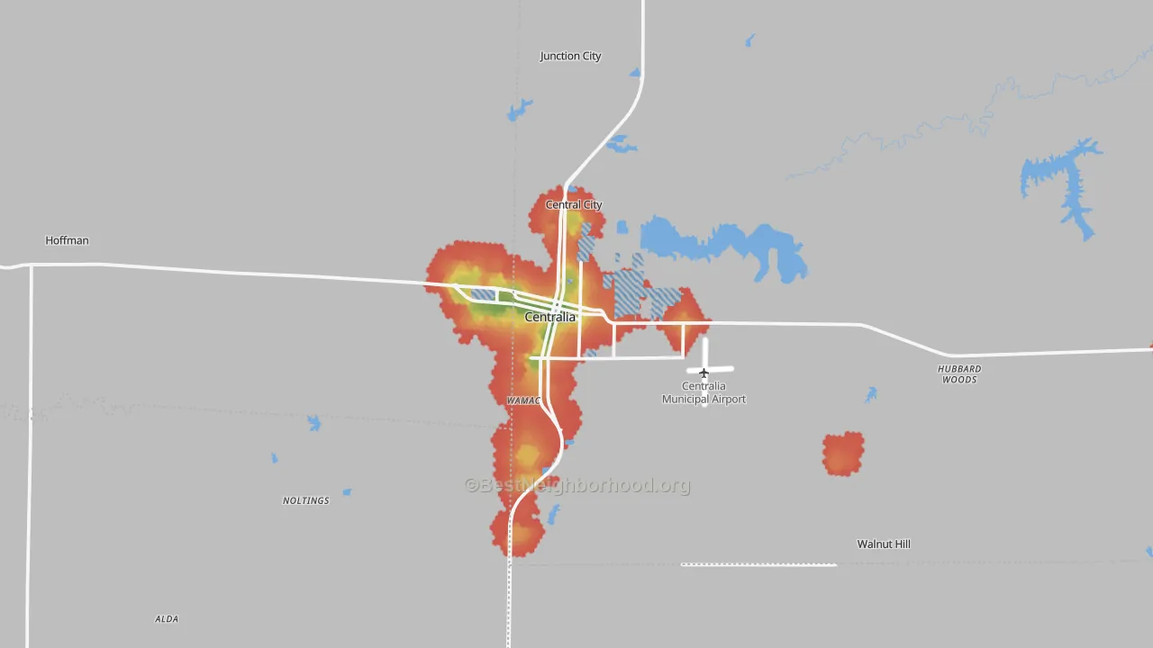 Walk Grade map of 62801, IL, walkable areas in green and car-dependent areas in red