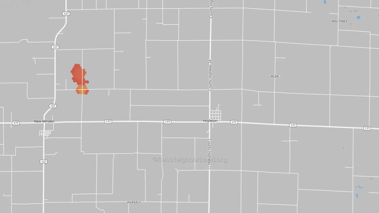 Walk Grade map of 62803, IL, walkable areas in green and car-dependent areas in red