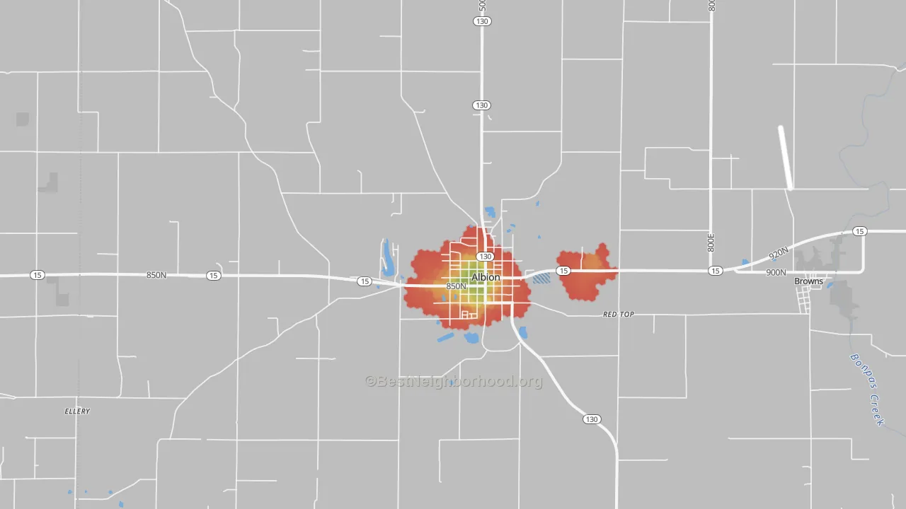 Walk Grade map of 62806, IL, walkable areas in green and car-dependent areas in red