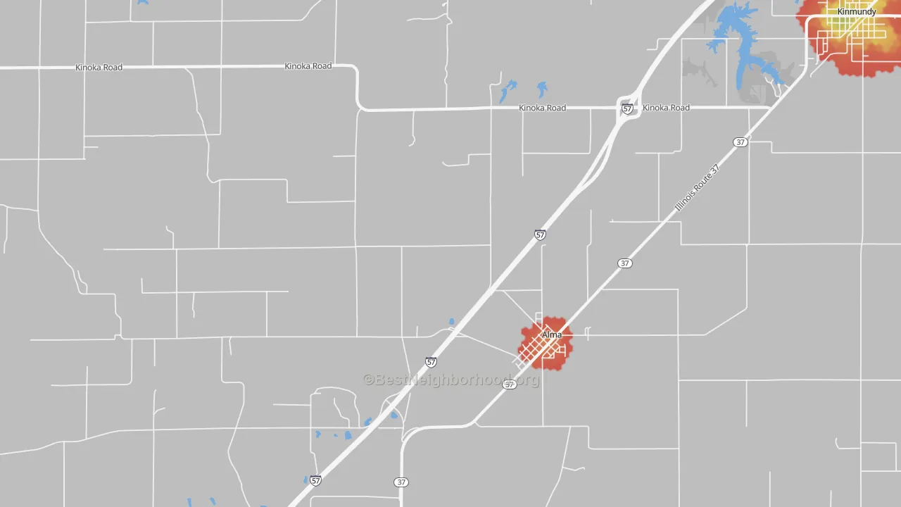 Walk Grade map of 62807, IL, walkable areas in green and car-dependent areas in red