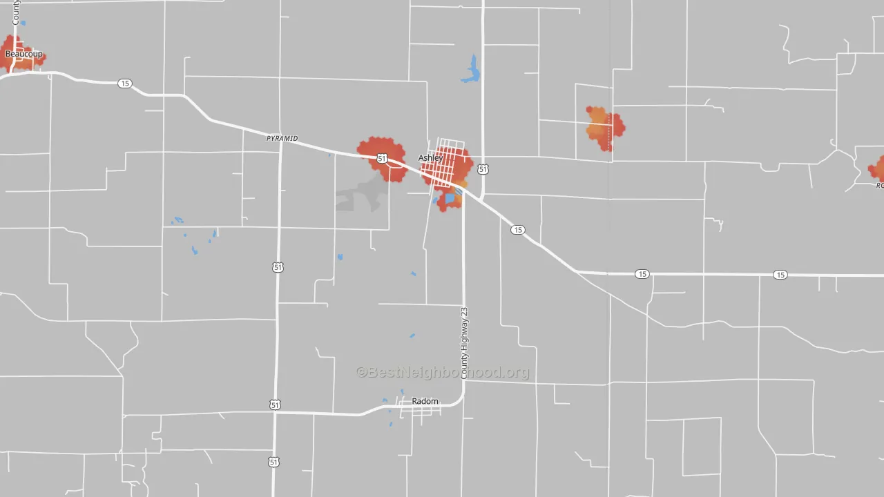 Walk Grade map of 62808, IL, walkable areas in green and car-dependent areas in red