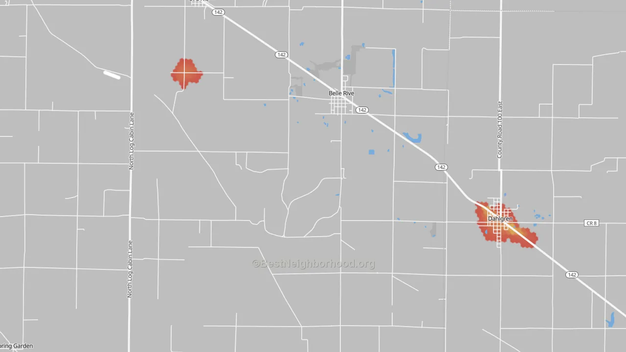 Walk Grade map of 62810, IL, walkable areas in green and car-dependent areas in red