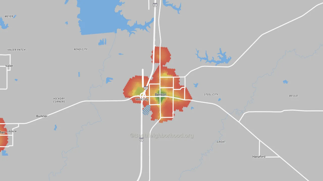 Walk Grade map of 62812, IL, walkable areas in green and car-dependent areas in red