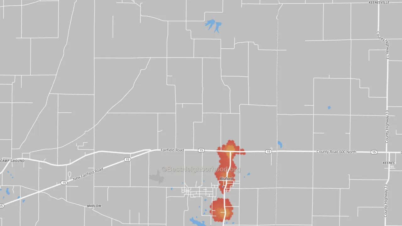 Walk Grade map of 62814, IL, walkable areas in green and car-dependent areas in red