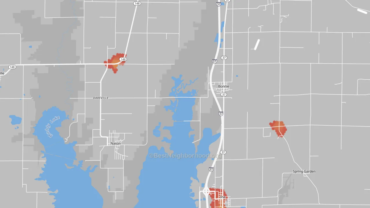 Walk Grade map of 62816, IL, walkable areas in green and car-dependent areas in red
