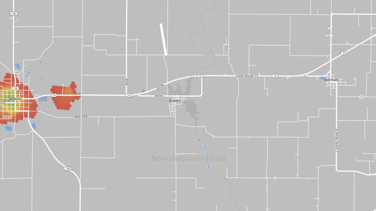 Walk Grade map of 62818, IL, walkable areas in green and car-dependent areas in red