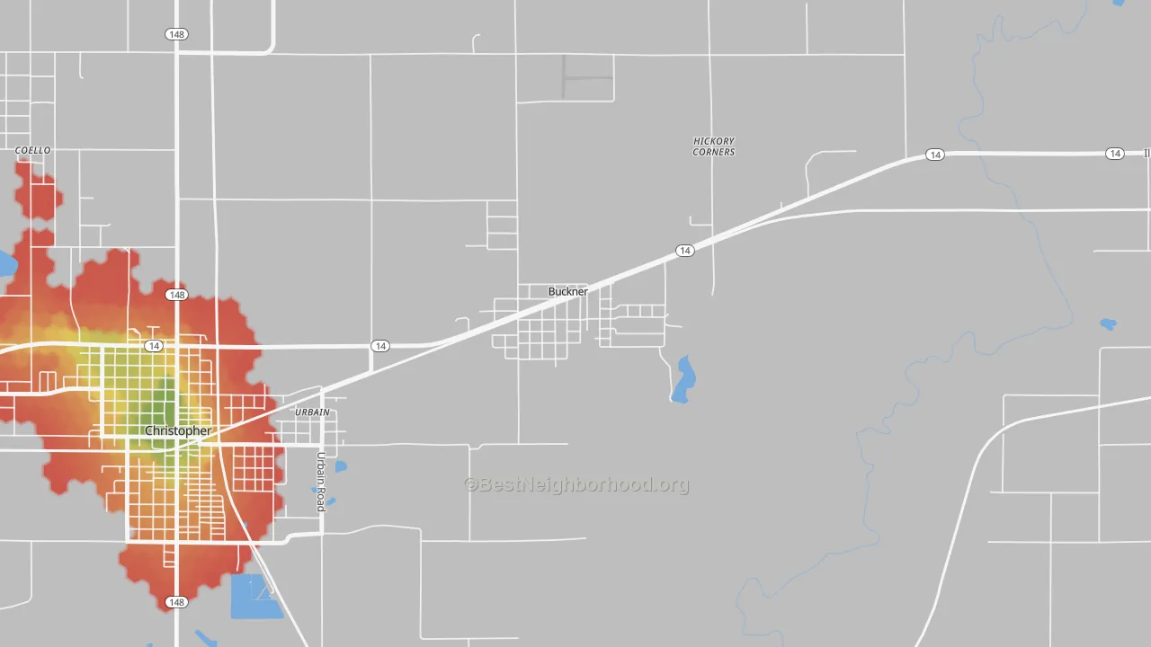Walk Grade map of 62819, IL, walkable areas in green and car-dependent areas in red