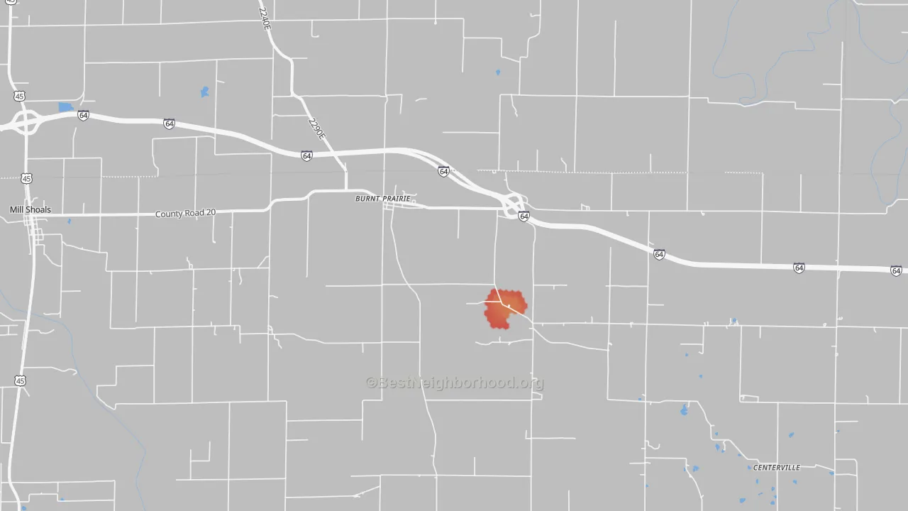 Walk Grade map of 62820, IL, walkable areas in green and car-dependent areas in red
