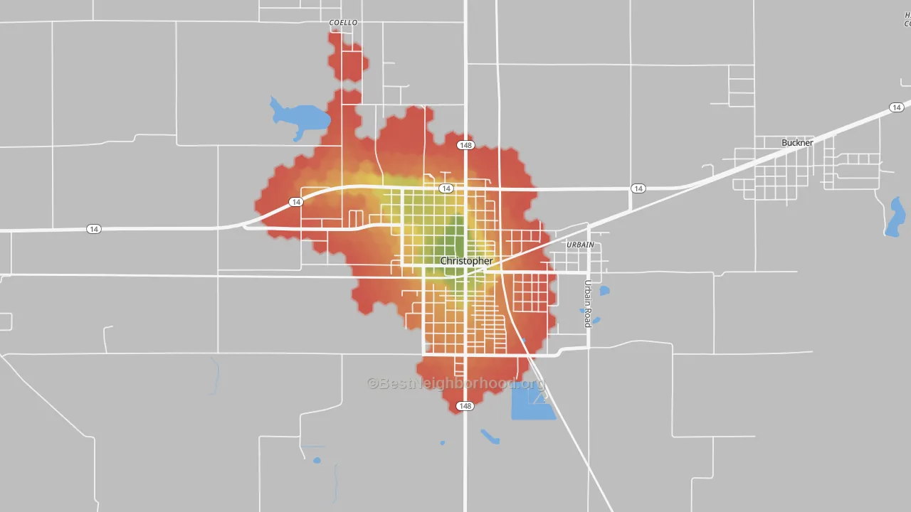 Walk Grade map of 62822, IL, walkable areas in green and car-dependent areas in red