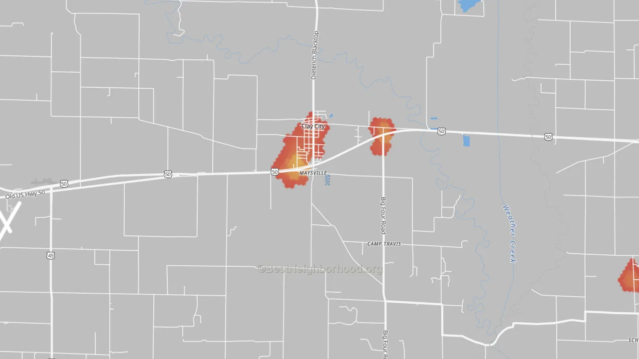 Walk Grade map of 62824, IL, walkable areas in green and car-dependent areas in red