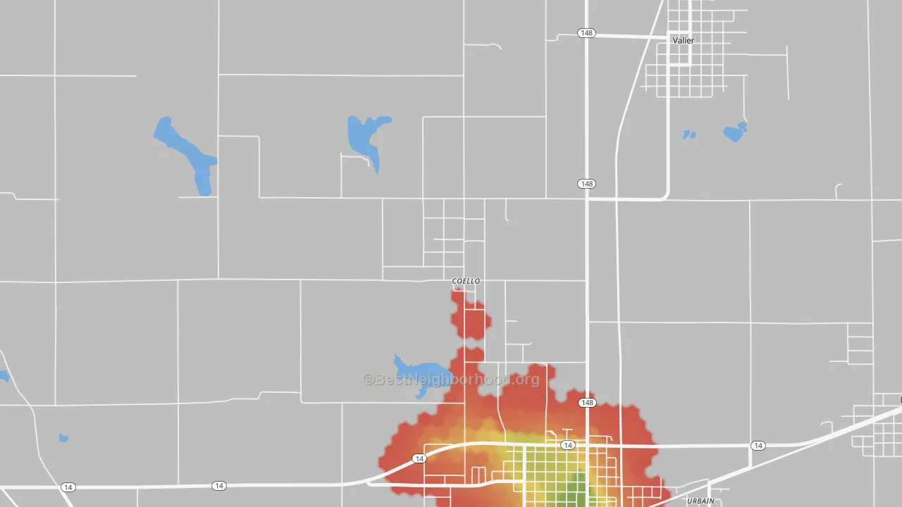 Walk Grade map of 62825, IL, walkable areas in green and car-dependent areas in red