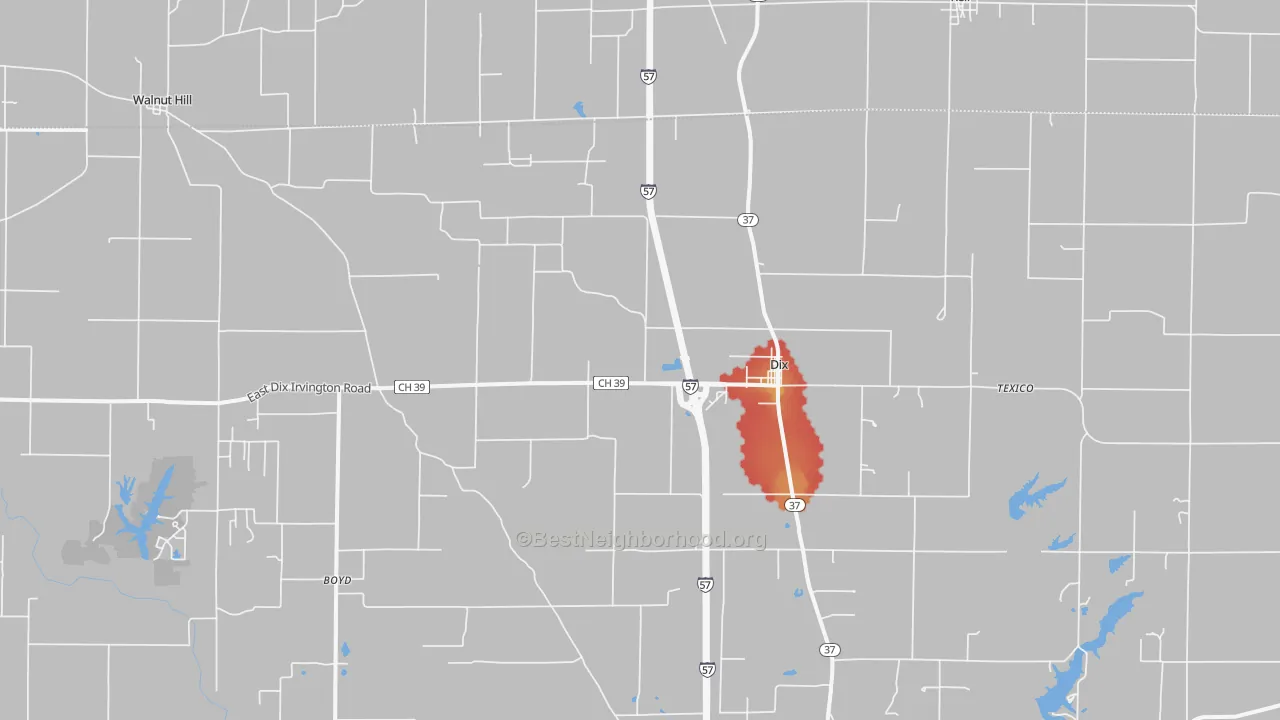 Walk Grade map of 62830, IL, walkable areas in green and car-dependent areas in red