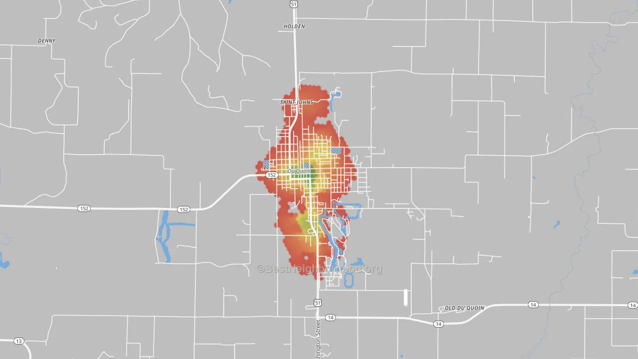 Walk Grade map of 62832, IL, walkable areas in green and car-dependent areas in red