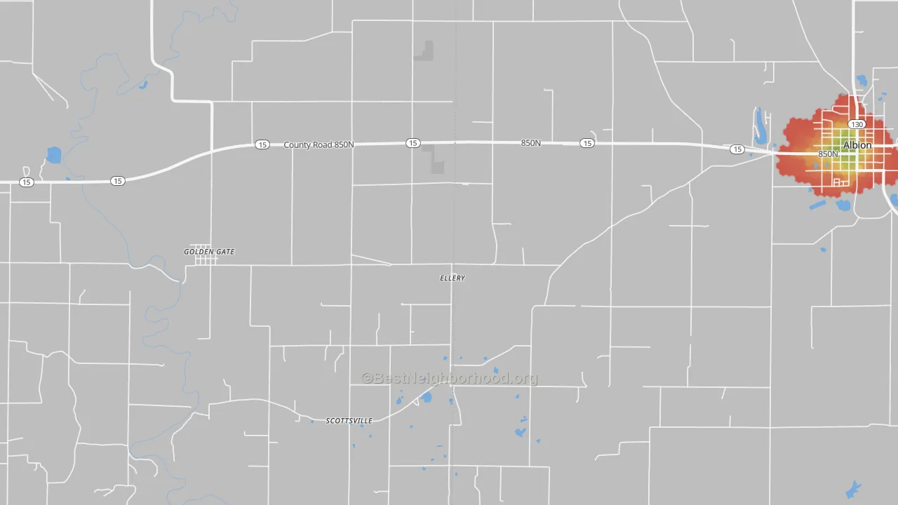Walk Grade map of 62833, IL, walkable areas in green and car-dependent areas in red