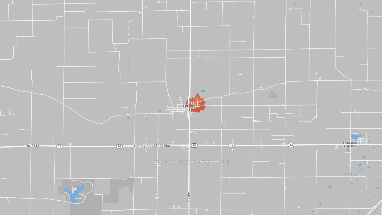 Walk Grade map of 62835, IL, walkable areas in green and car-dependent areas in red