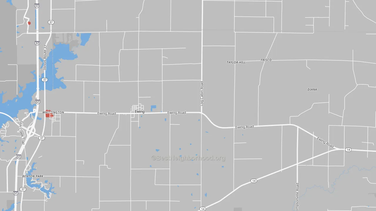 Walk Grade map of 62836, IL, walkable areas in green and car-dependent areas in red