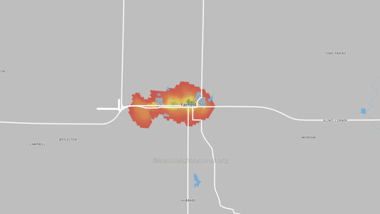Walk Grade map of 62837, IL, walkable areas in green and car-dependent areas in red