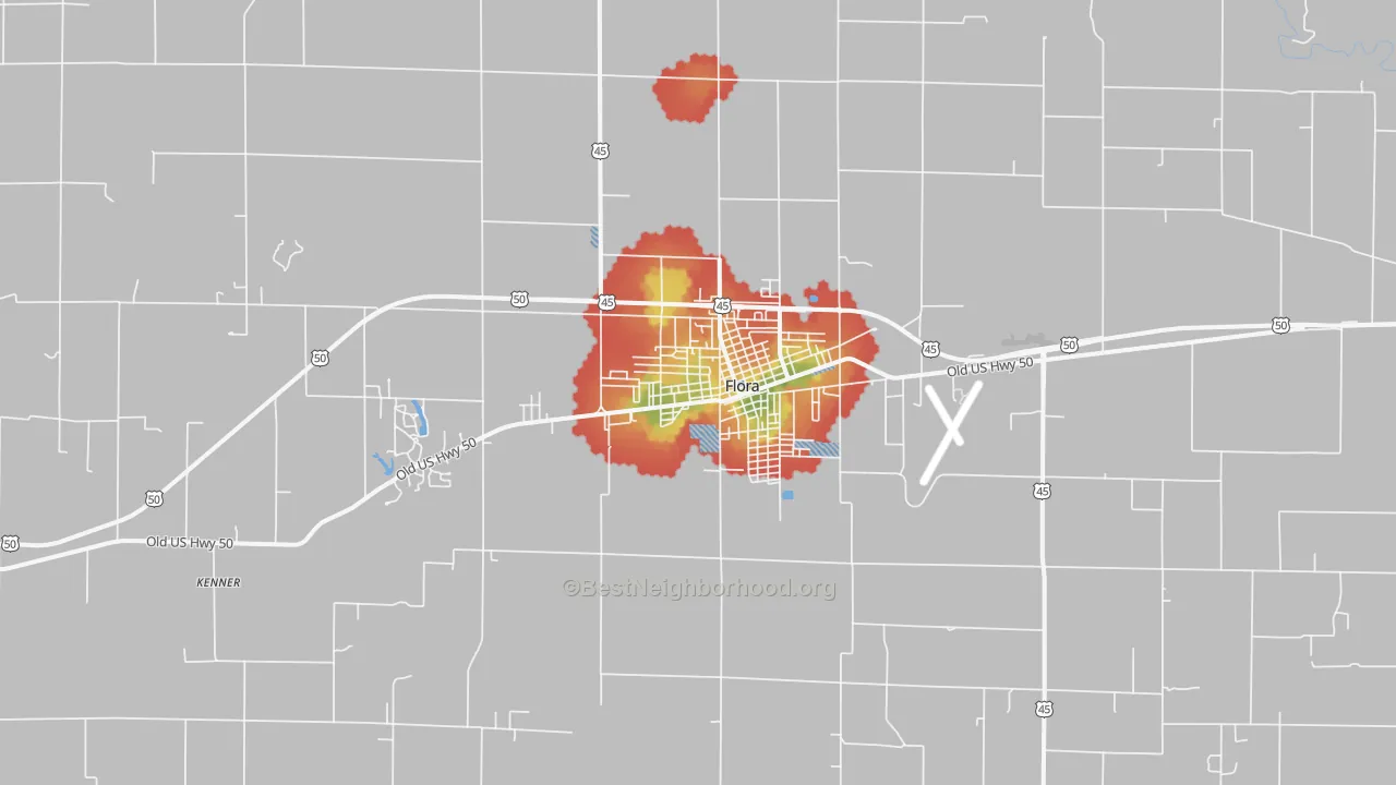 Walk Grade map of 62839, IL, walkable areas in green and car-dependent areas in red