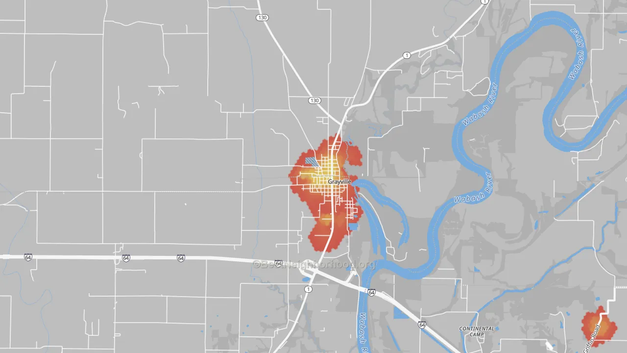 Walk Grade map of 62844, IL, walkable areas in green and car-dependent areas in red