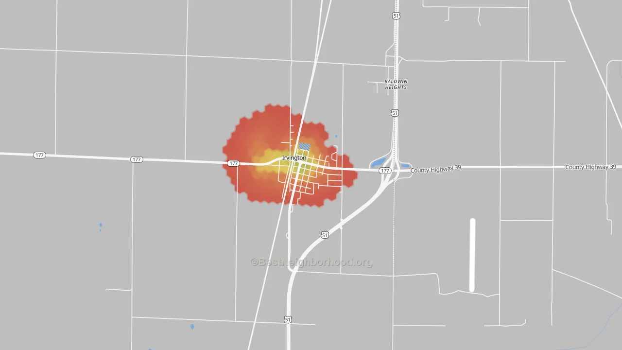 Walk Grade map of 62848, IL, walkable areas in green and car-dependent areas in red