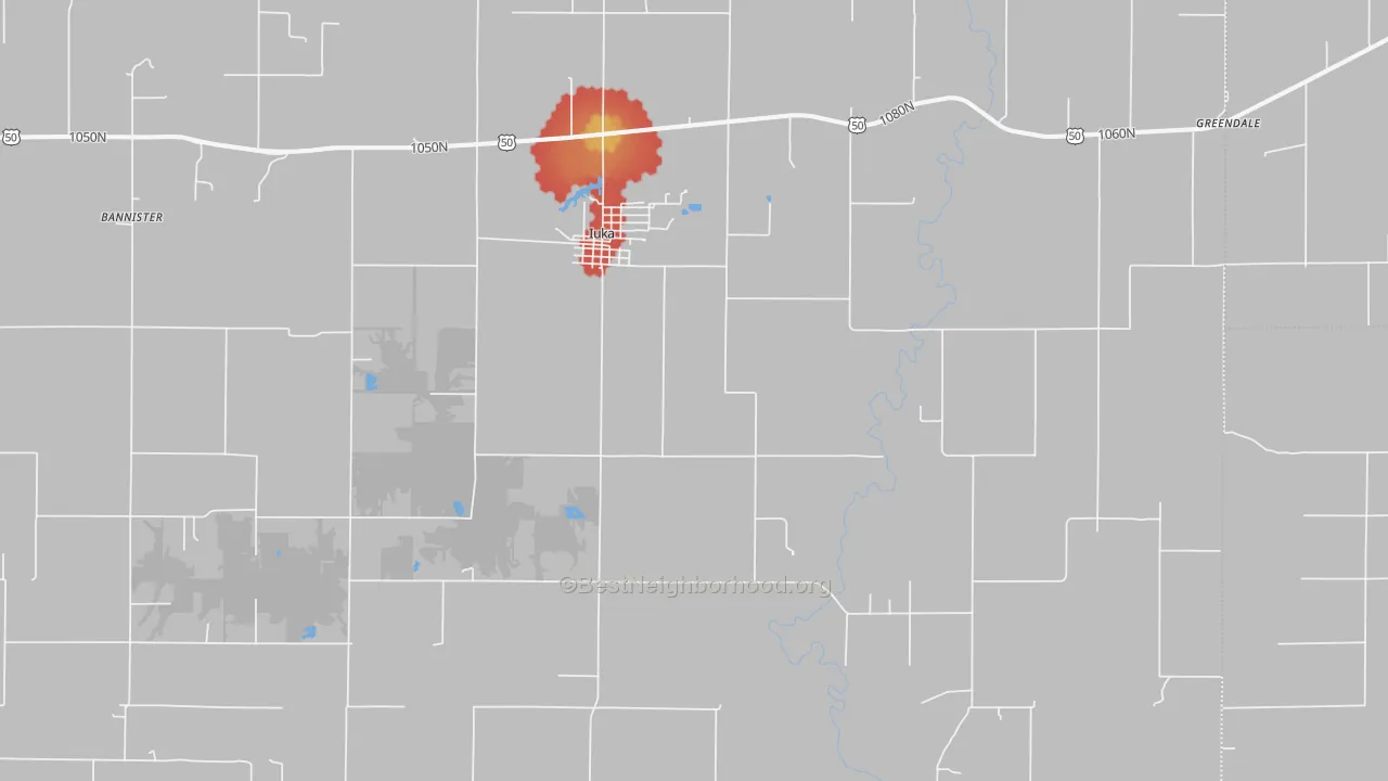 Walk Grade map of 62849, IL, walkable areas in green and car-dependent areas in red