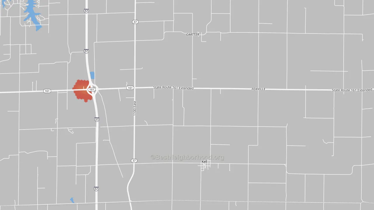 Walk Grade map of 62853, IL, walkable areas in green and car-dependent areas in red