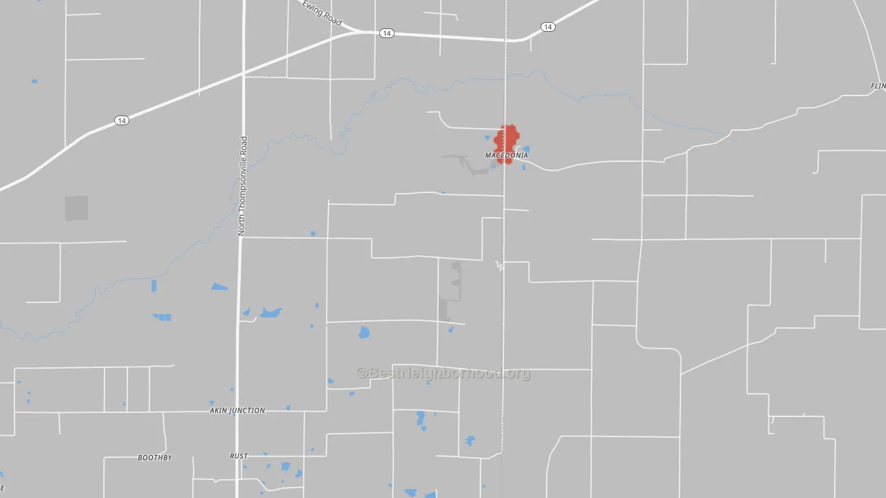Walk Grade map of 62860, IL, walkable areas in green and car-dependent areas in red