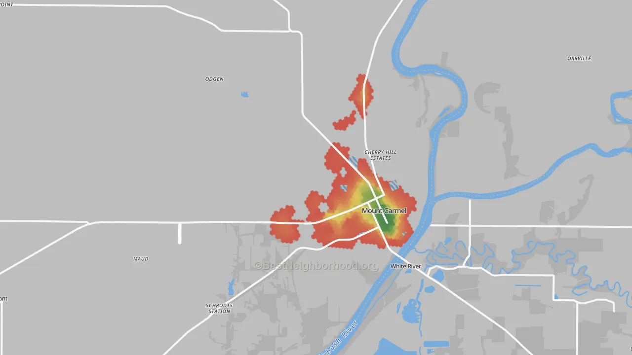 Walk Grade map of 62863, IL, walkable areas in green and car-dependent areas in red