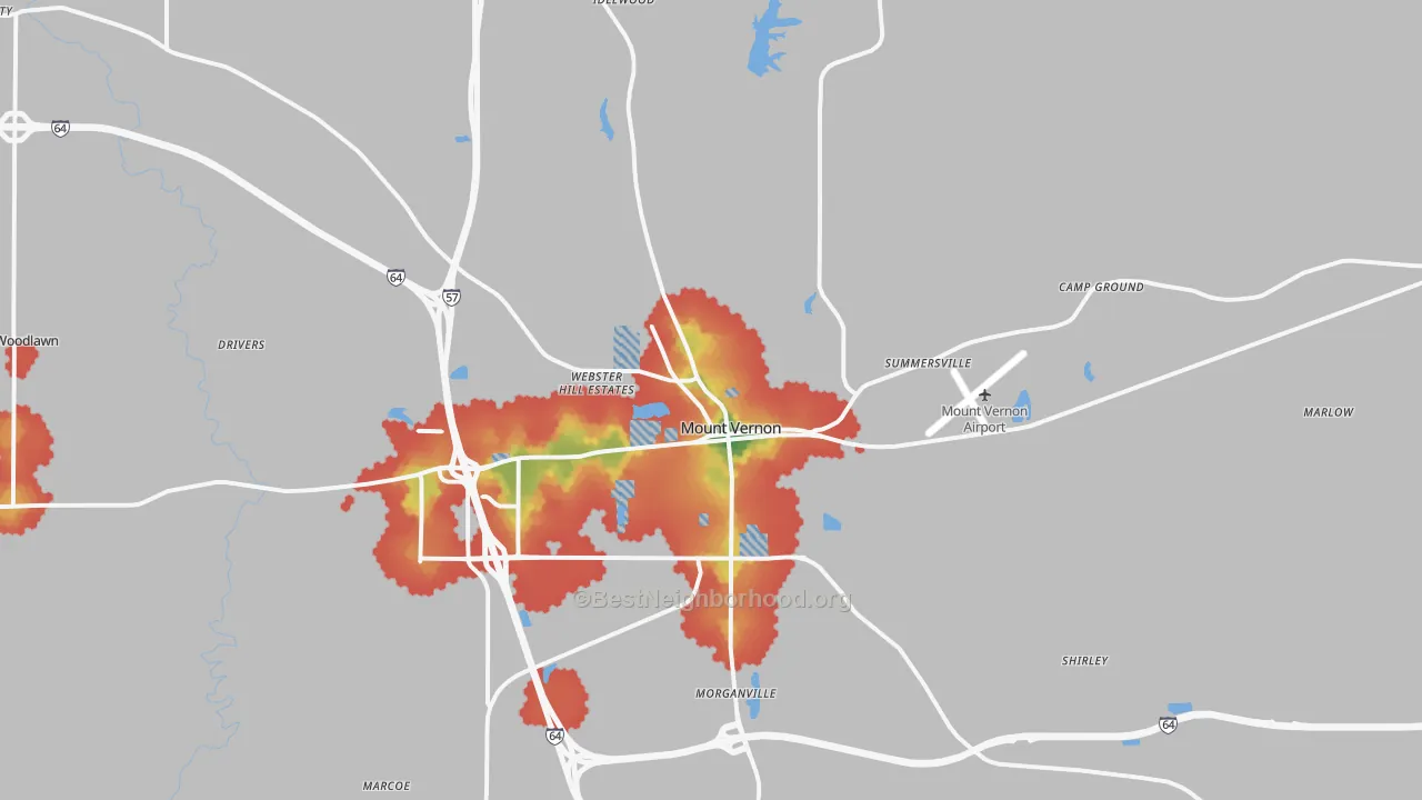 Walk Grade map of 62864, IL, walkable areas in green and car-dependent areas in red